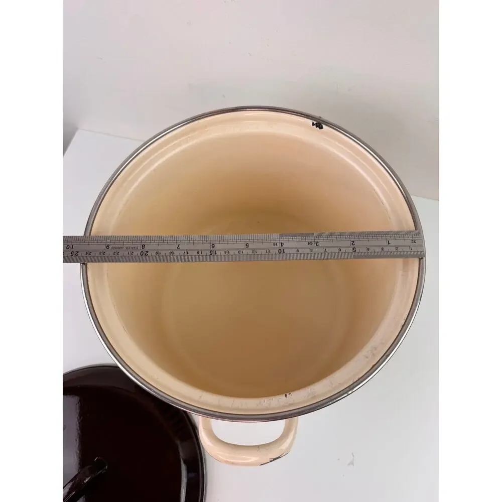 Vintage Moneta MCM Beige Brown Stock Pot 8-Quart Enamel with Lid Made in Italy